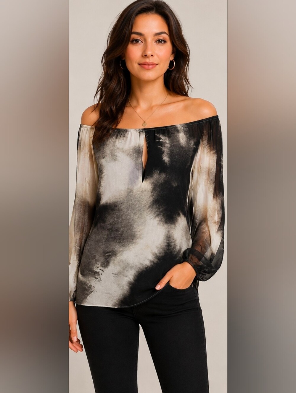 Alice + Olivia 100% Silk Off The Shoulder Blouse Abstract Gray Black M